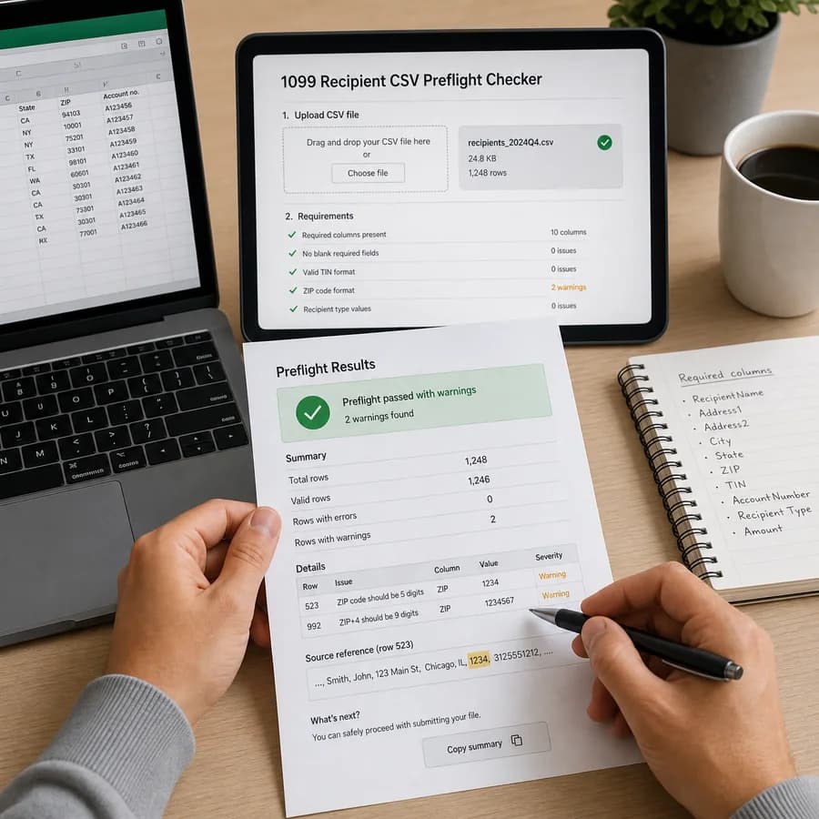 1099 Recipient CSV Preflight Checker preview showing a browser preflight checklist and source-backed verification results