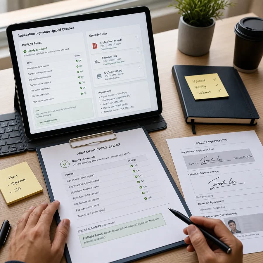 Application Signature Upload Checker preview showing a browser preflight checklist and source-backed verification results