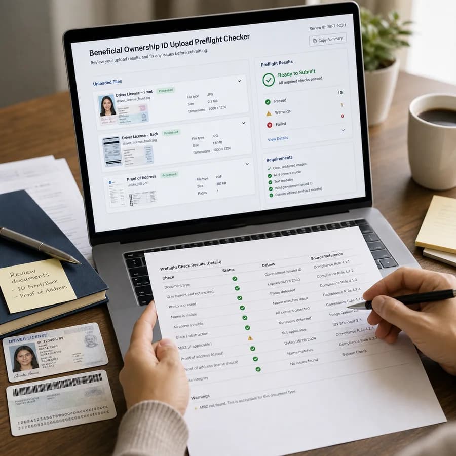 Beneficial Ownership ID Upload Preflight Checker preview showing a browser preflight checklist and source-backed verification results