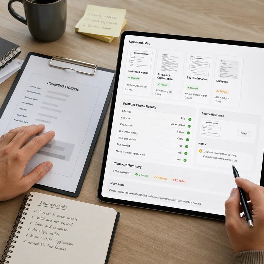 Business License Upload File Checker preview showing a browser preflight checklist and source-backed verification results