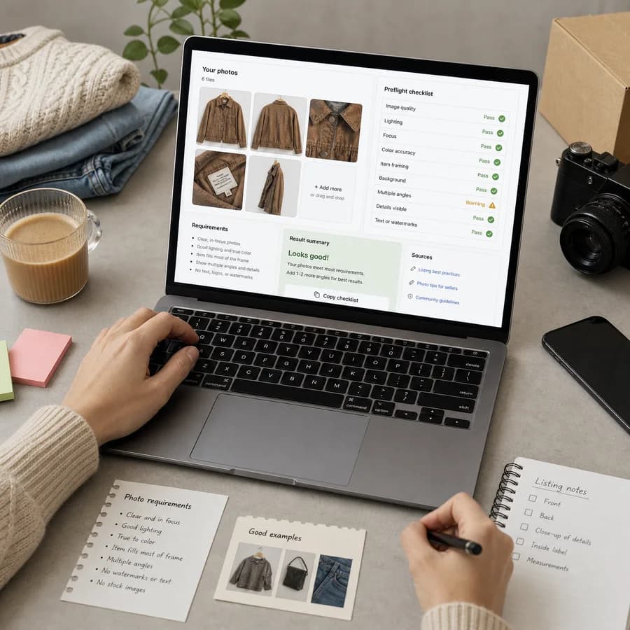 Depop Listing Photo Checker preview showing a browser preflight checklist and source-backed verification results