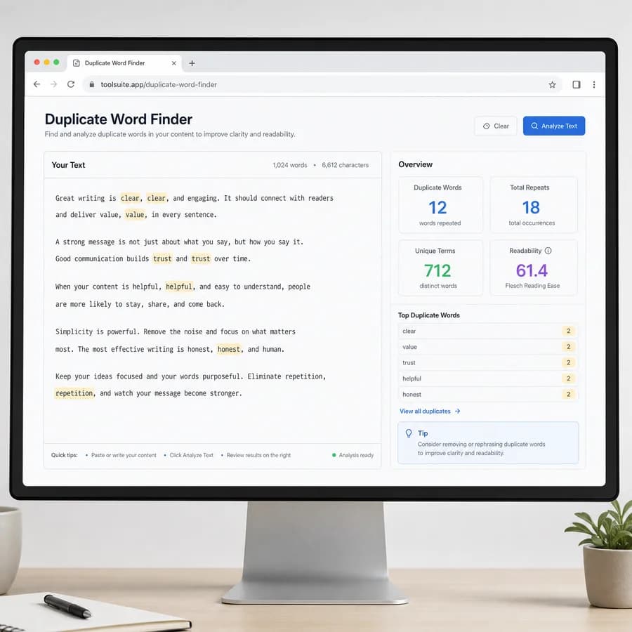 Duplicate Word Finder browser interface preview with text metrics and result panels