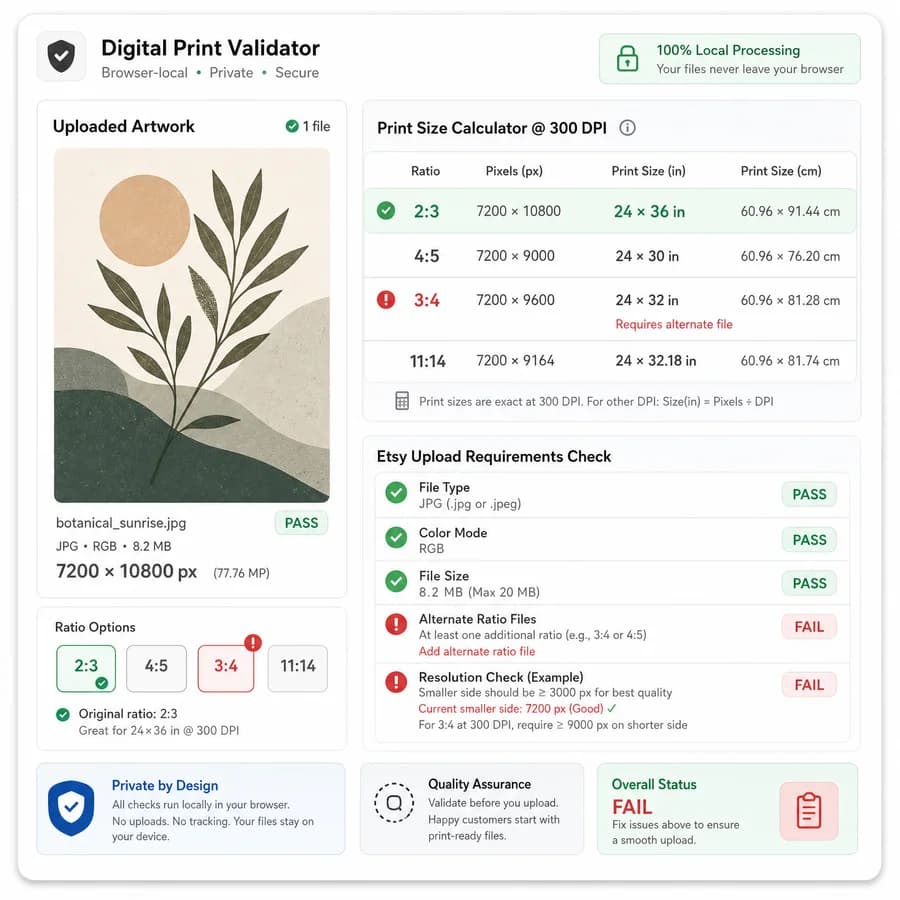 Etsy Digital Print Size Checker preview showing a printable artwork file passing size and ratio checks