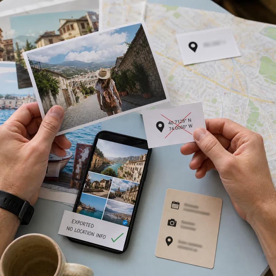 EXIF Remover preview showing photo location metadata being reviewed with map and privacy clues