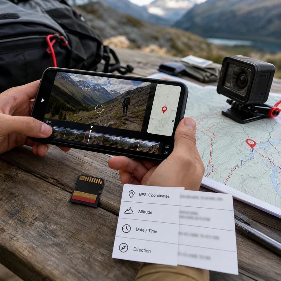 EXIF Viewer preview showing video location metadata being checked with route and map clues