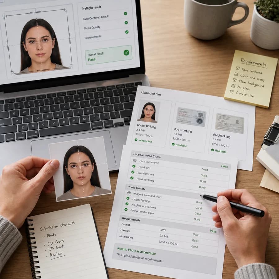 Face Centered Photo Checker preview showing a browser preflight checklist and source-backed verification results