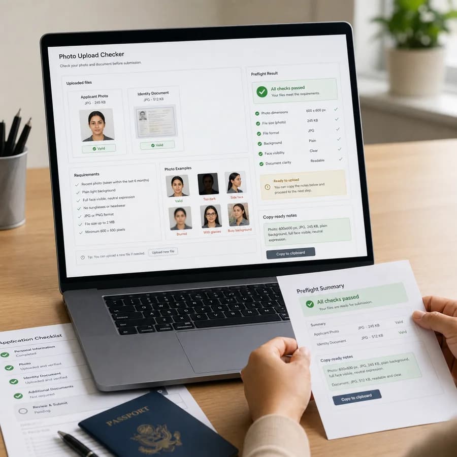 Government Portal Photo Upload Checker preview showing a browser preflight checklist and source-backed verification results