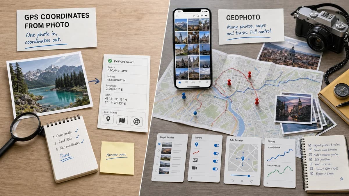 GPS Coordinates from Photo vs GeoPhoto visual comparison of GPS coordinate workflows