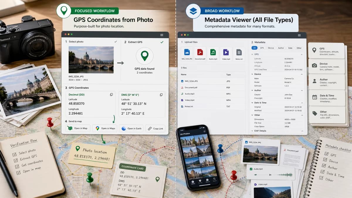GPS Coordinates from Photo vs Metadata2Go visual comparison of GPS coordinate workflows