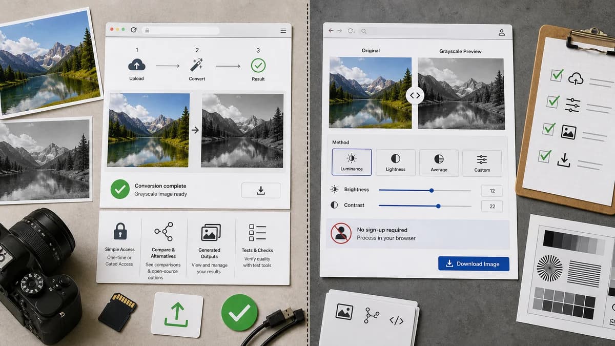 Grayscale Converter vs GrayscaleImage.org visual comparison of grayscale converter workflows