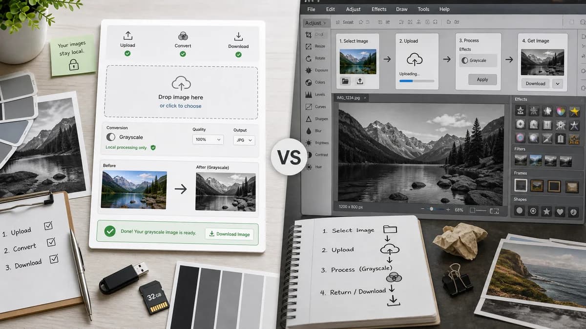 Grayscale Converter vs LunaPic visual comparison of grayscale converter workflows