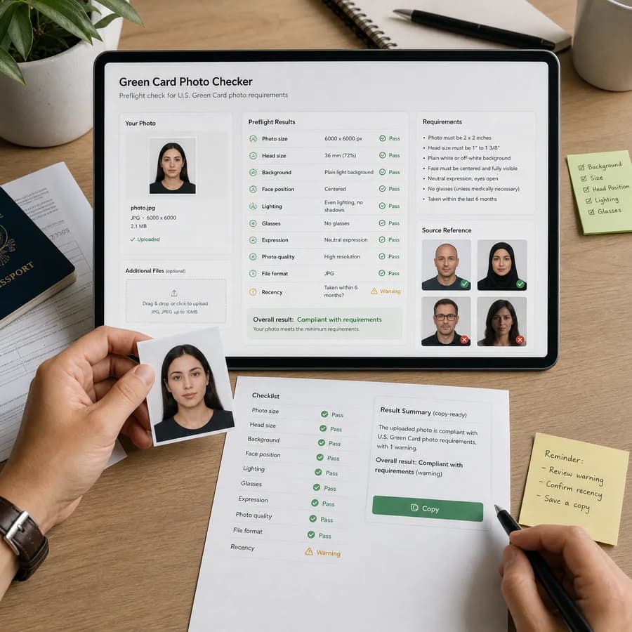 Green Card Photo Checker preview showing a browser preflight checklist and source-backed verification results