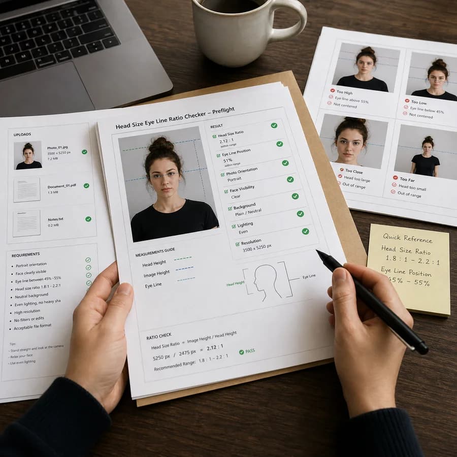 Head Size Eye Line Ratio Checker preview showing a browser preflight checklist and source-backed verification results