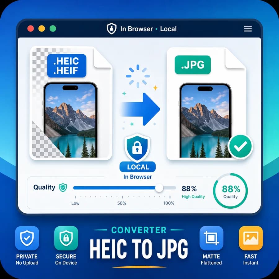 HEIC to JPG Converter preview showing browser-local HEIC and HEIF photos converted into JPG files
