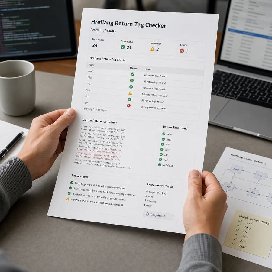 Hreflang Return Tag Checker preview showing a browser preflight checklist and source-backed verification results