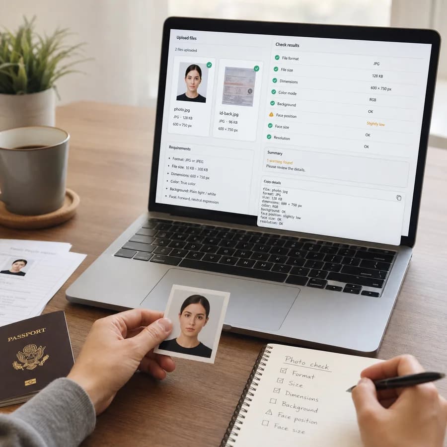 ID Photo File Size Format Checker preview showing a browser preflight checklist and source-backed verification results