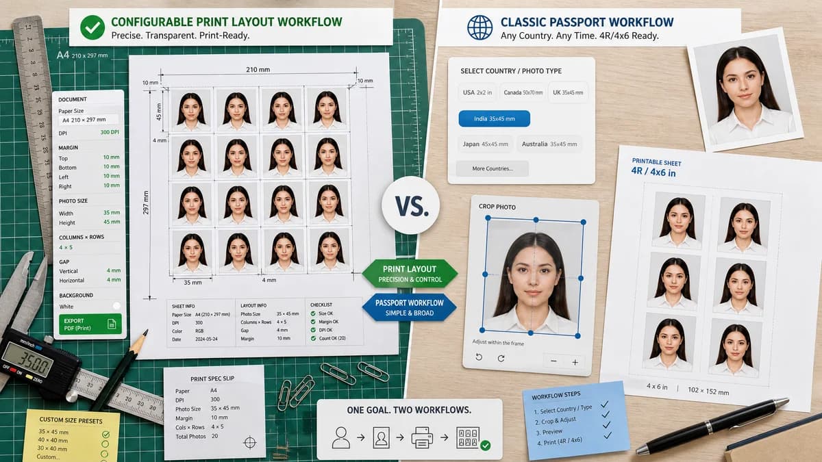 ID Photo Print Sheet Maker vs 123PassportPhoto visual comparison of id photo print sheet maker workflows