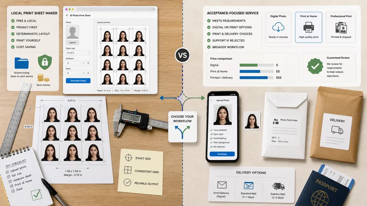 ID Photo Print Sheet Maker vs ePassportPhoto visual comparison of id photo print sheet maker workflows