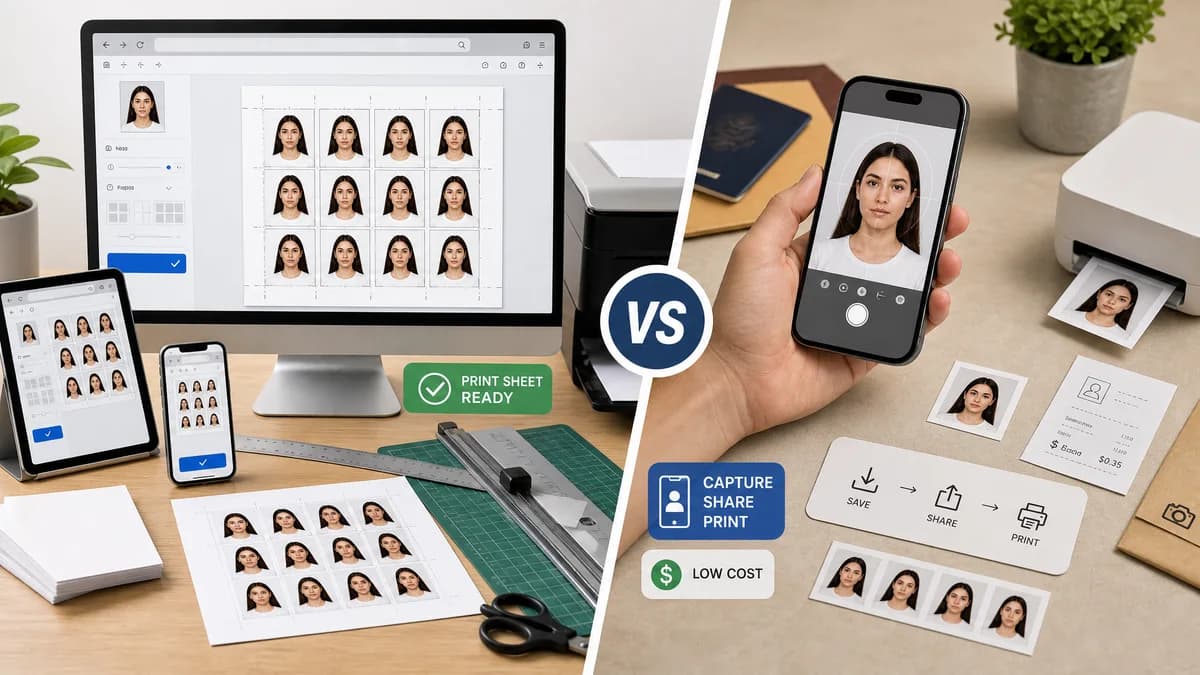 ID Photo Print Sheet Maker vs Passport Booth visual comparison of id photo print sheet maker workflows