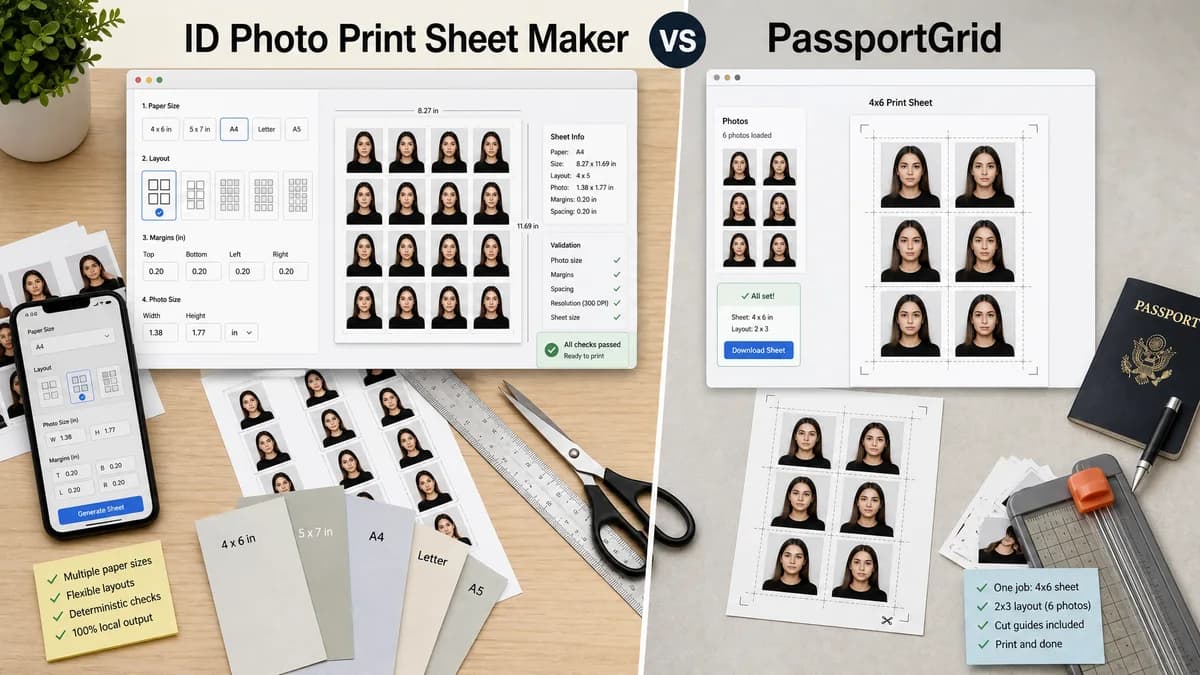 ID Photo Print Sheet Maker vs PassportGrid visual comparison of id photo print sheet maker workflows