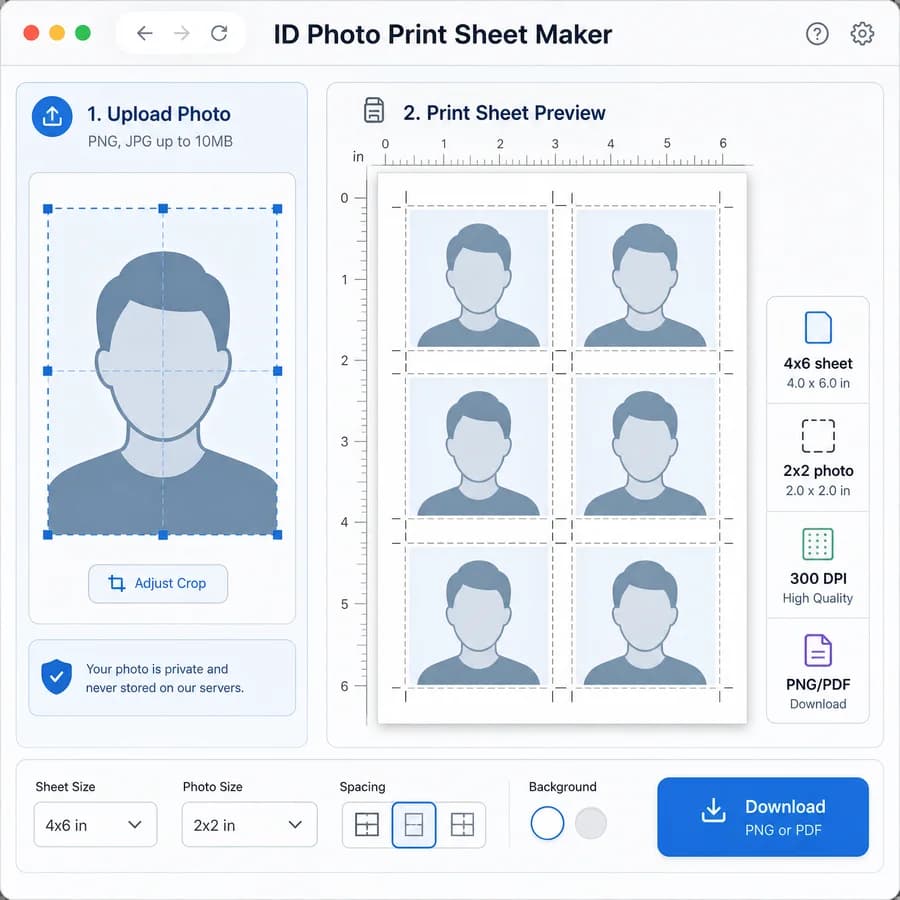 ID Photo Print Sheet Maker preview showing a browser-local 4 by 6 print sheet with repeated ID photos, crop guides, and export controls