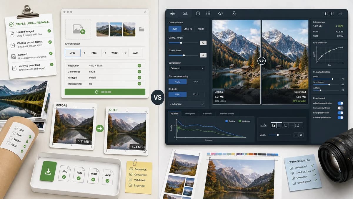 Image Format Converter vs Squoosh visual comparison of image optimization workflows
