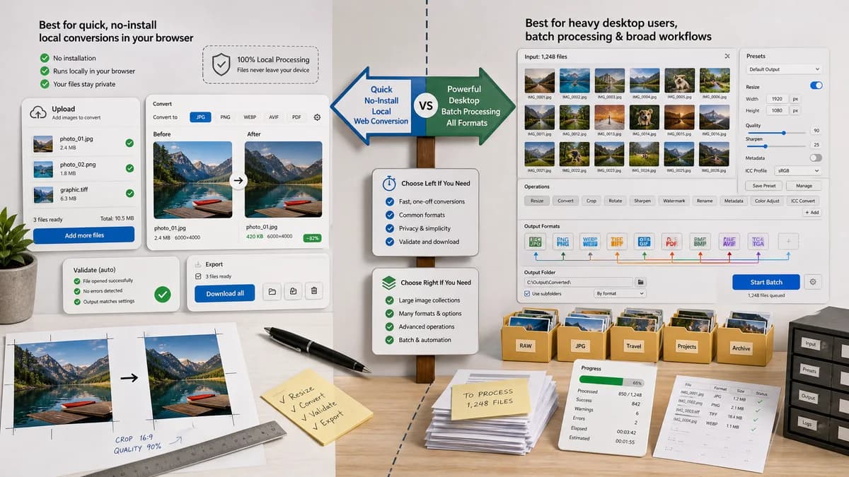 Image Format Converter vs XnConvert visual comparison of image optimization workflows