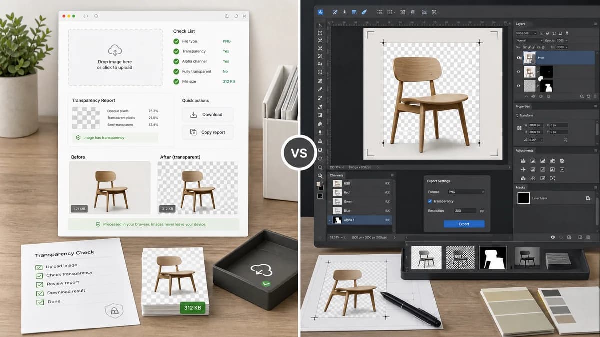 Image Transparency Checker vs Adobe Photoshop visual comparison of image optimization workflows