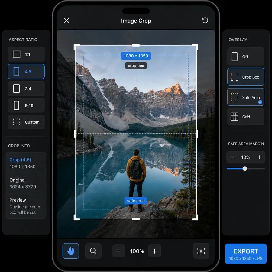 Instagram 4:5 Feed Crop Preview showing a portrait photo crop box and safe area guides