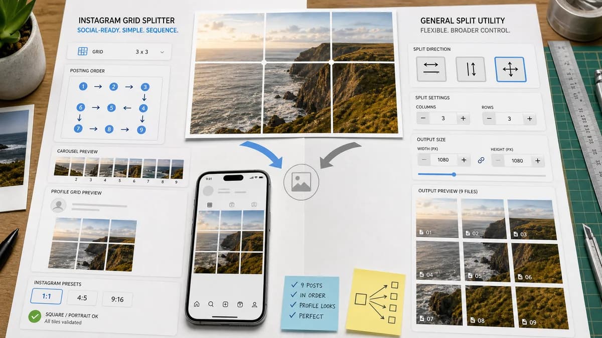 Instagram Grid Splitter vs PineTools Split Image visual comparison of instagram grid splitter workflows
