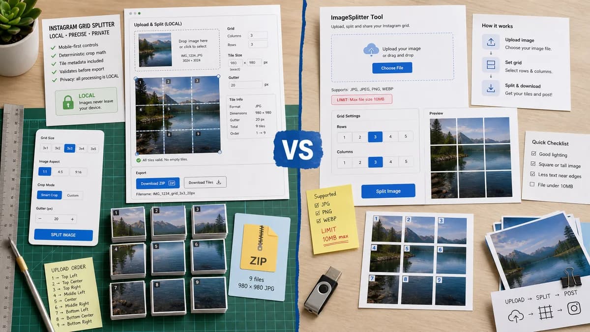 Instagram Grid Splitter vs Postcron ImageSplitter visual comparison of instagram grid splitter workflows