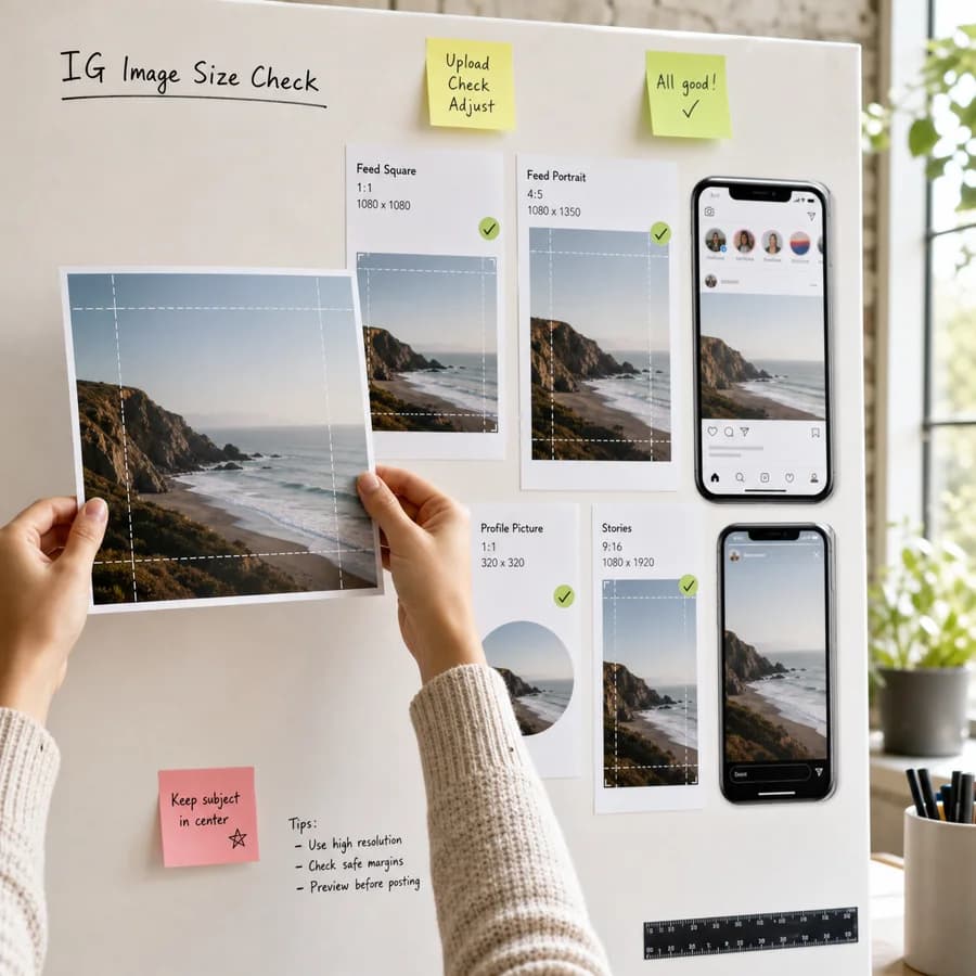 Instagram Image Size Checker preview showing social media image dimensions being checked against placement cards