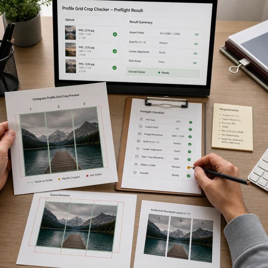 Instagram Profile Grid Crop Checker preview showing a browser preflight checklist and source-backed verification results