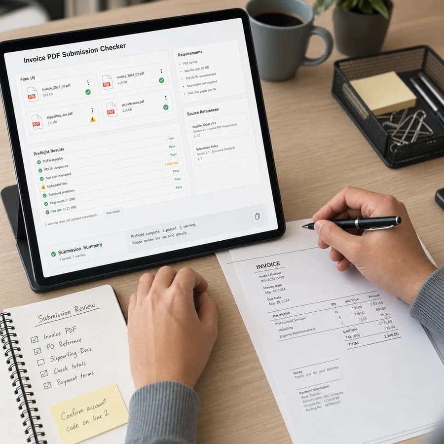 Invoice PDF Submission Checker preview showing a browser preflight checklist and source-backed verification results