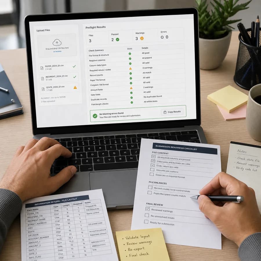 IRS Information Return CSV Format Checker preview showing a browser preflight checklist and source-backed verification results