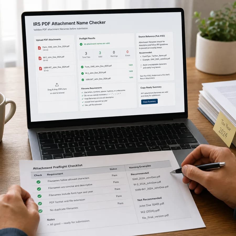 IRS PDF Attachment Name Checker preview showing a browser preflight checklist and source-backed verification results