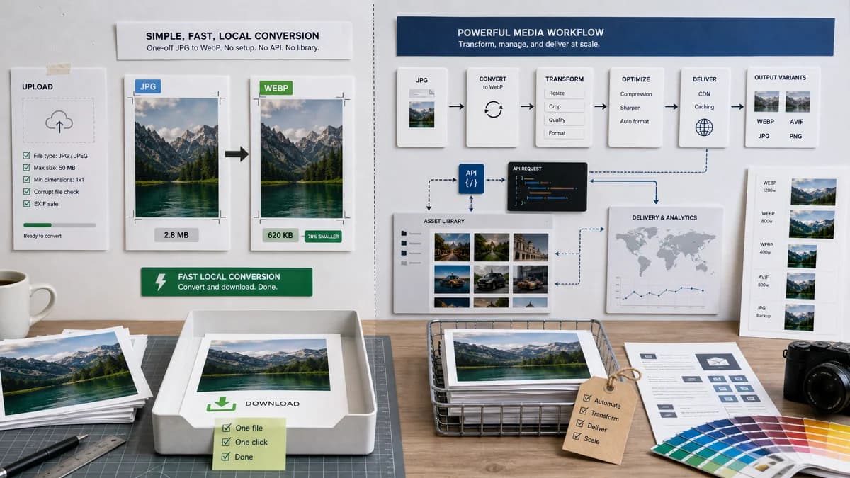 JPG to WebP Converter vs Cloudinary Tools visual comparison of image optimization workflows
