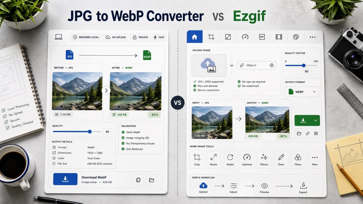 JPG to WebP Converter vs Ezgif visual comparison of image optimization workflows