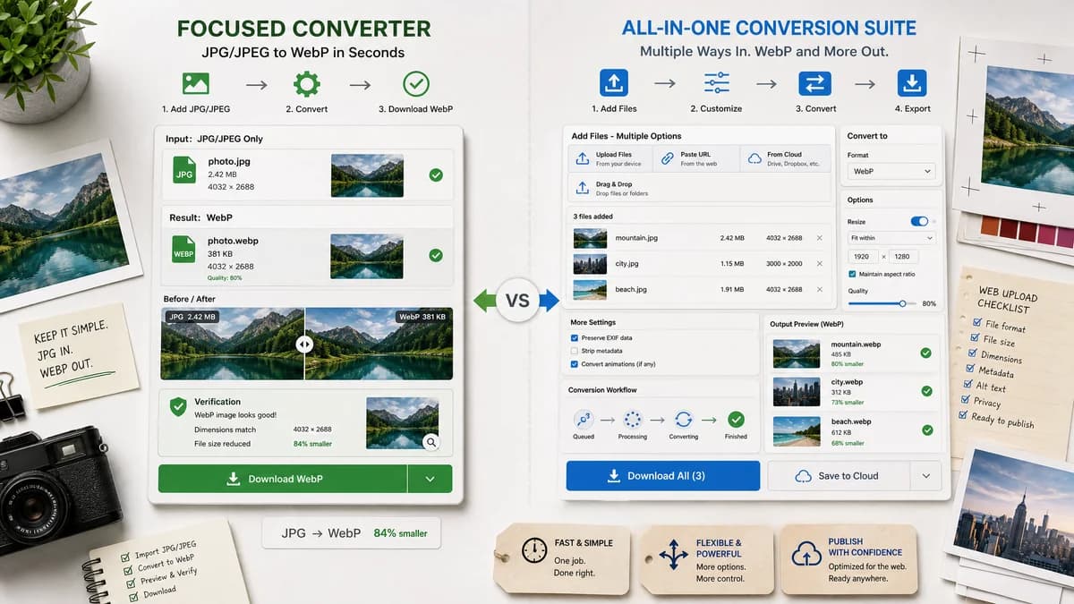 JPG to WebP Converter vs Online-Convert visual comparison of image optimization workflows