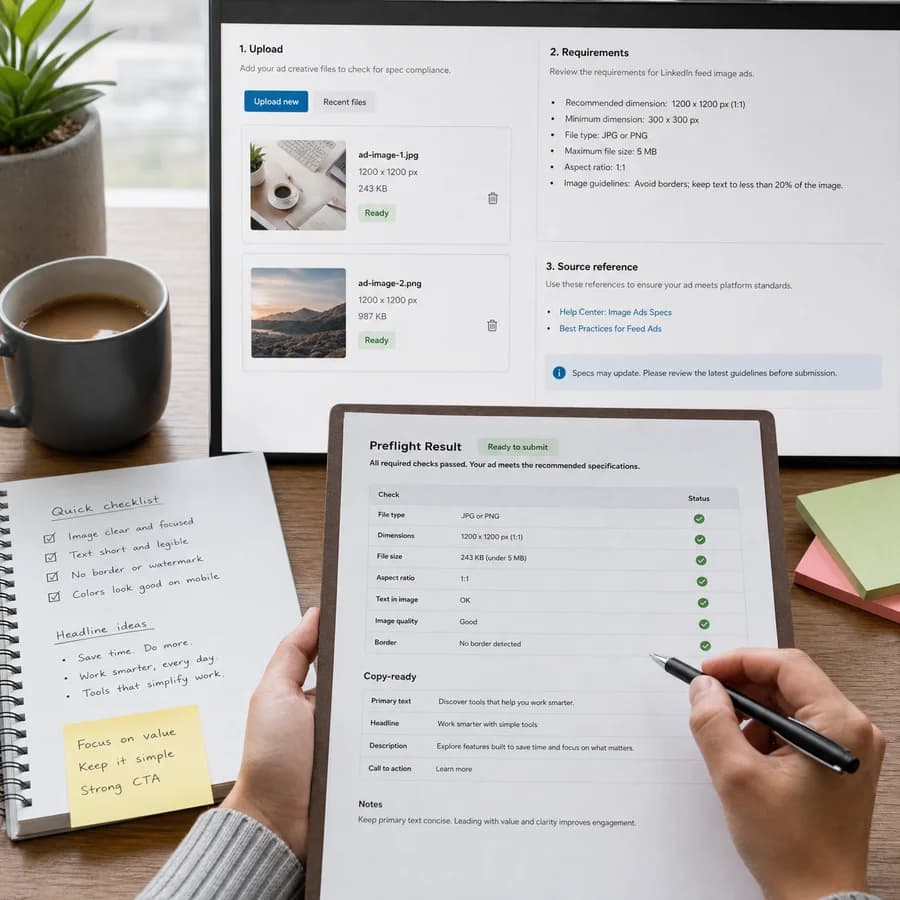 LinkedIn Ad Image Spec Checker preview showing a browser preflight checklist and source-backed verification results