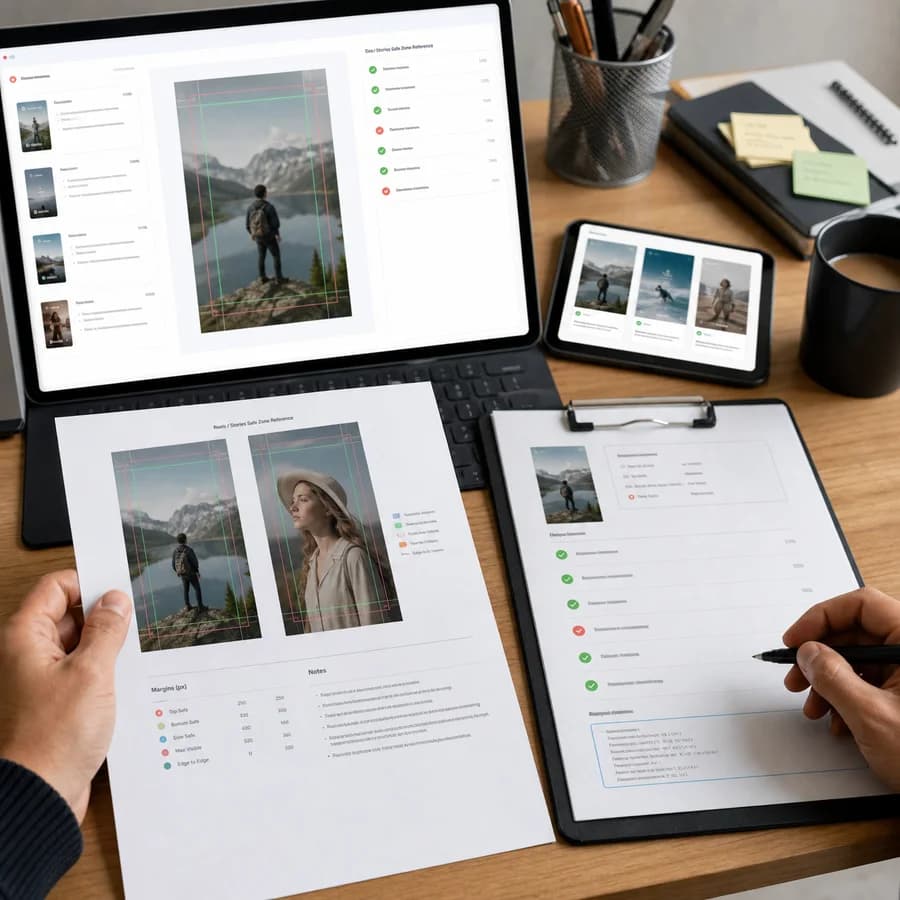 Meta Reels Stories Safe Zone Checker preview showing a browser preflight checklist and source-backed verification results