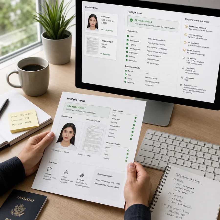 Official Document Photo Requirements Checker preview showing a browser preflight checklist and source-backed verification results
