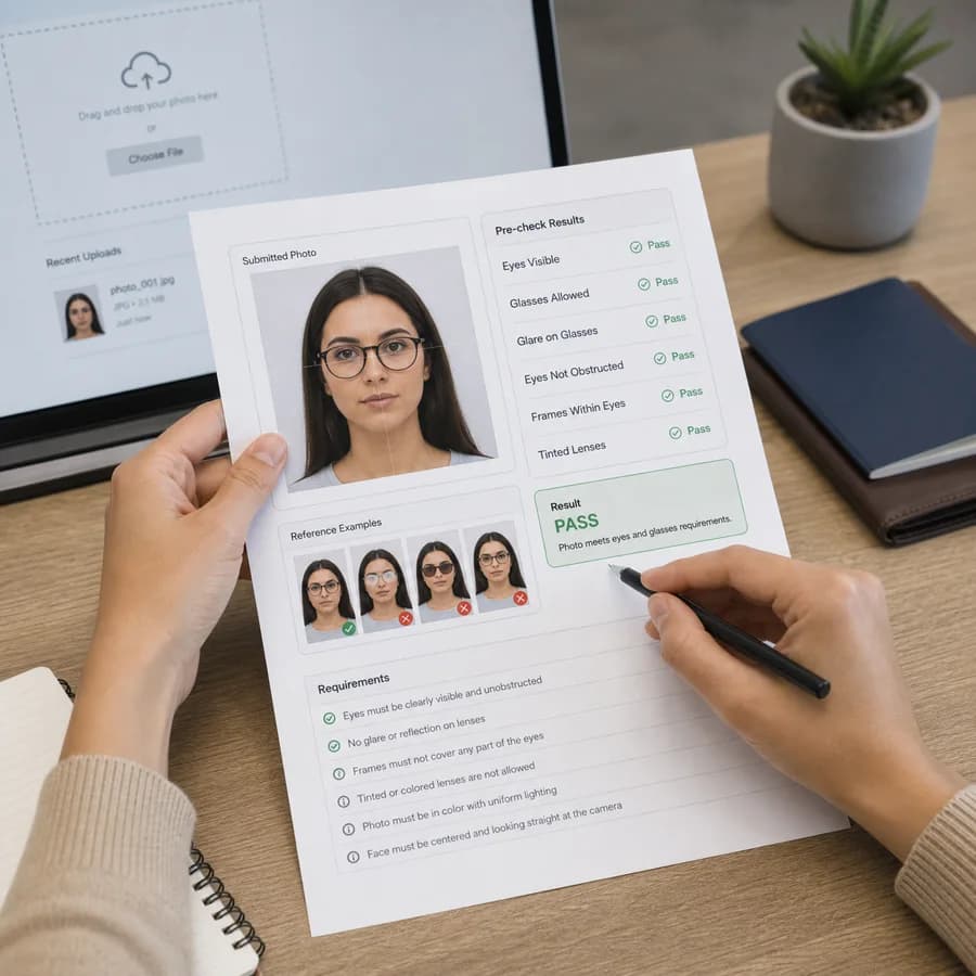 Passport Photo Eyes Glasses Checker preview showing a browser preflight checklist and source-backed verification results