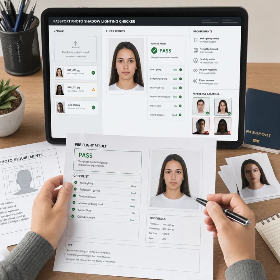 Passport Photo Shadow Lighting Checker preview showing a browser preflight checklist and source-backed verification results