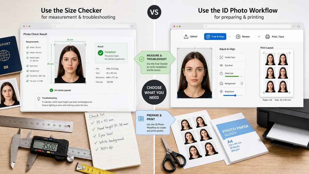 Passport Photo Size Checker vs IDPhoto4You visual comparison of passport photo size checker workflows
