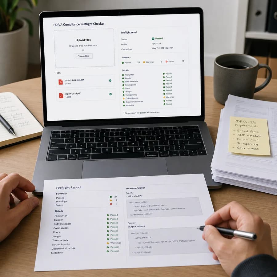 PDF/A Compliance Preflight Checker preview showing a browser preflight checklist and source-backed verification results
