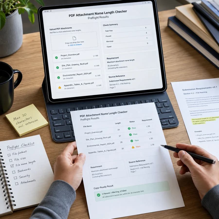 PDF Attachment Name Length Checker preview showing a browser preflight checklist and source-backed verification results
