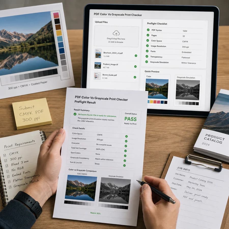 PDF Color Vs Grayscale Print Checker preview showing a browser preflight checklist and source-backed verification results