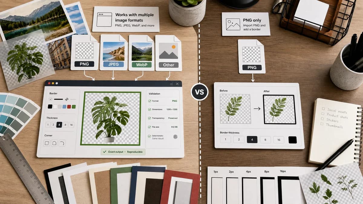 Photo Border Maker vs Online PNG Tools Add PNG Border visual comparison of photo border maker workflows