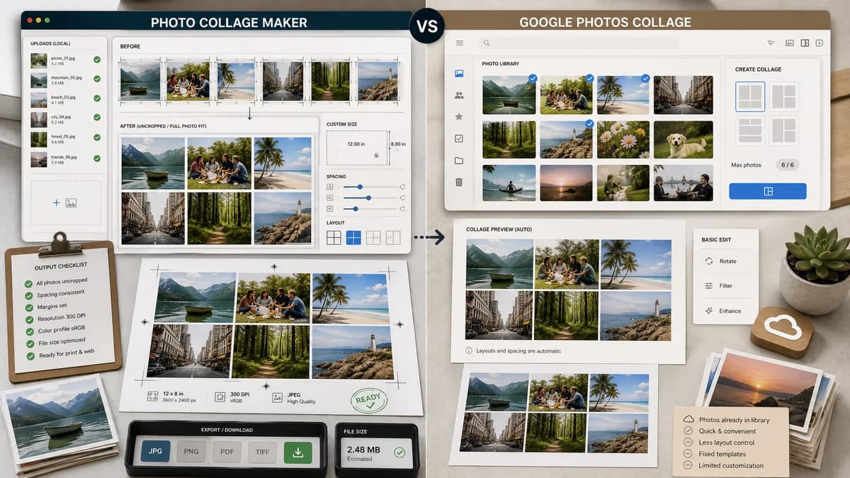 Photo Collage Maker vs Google Photos Collage visual comparison of image optimization workflows